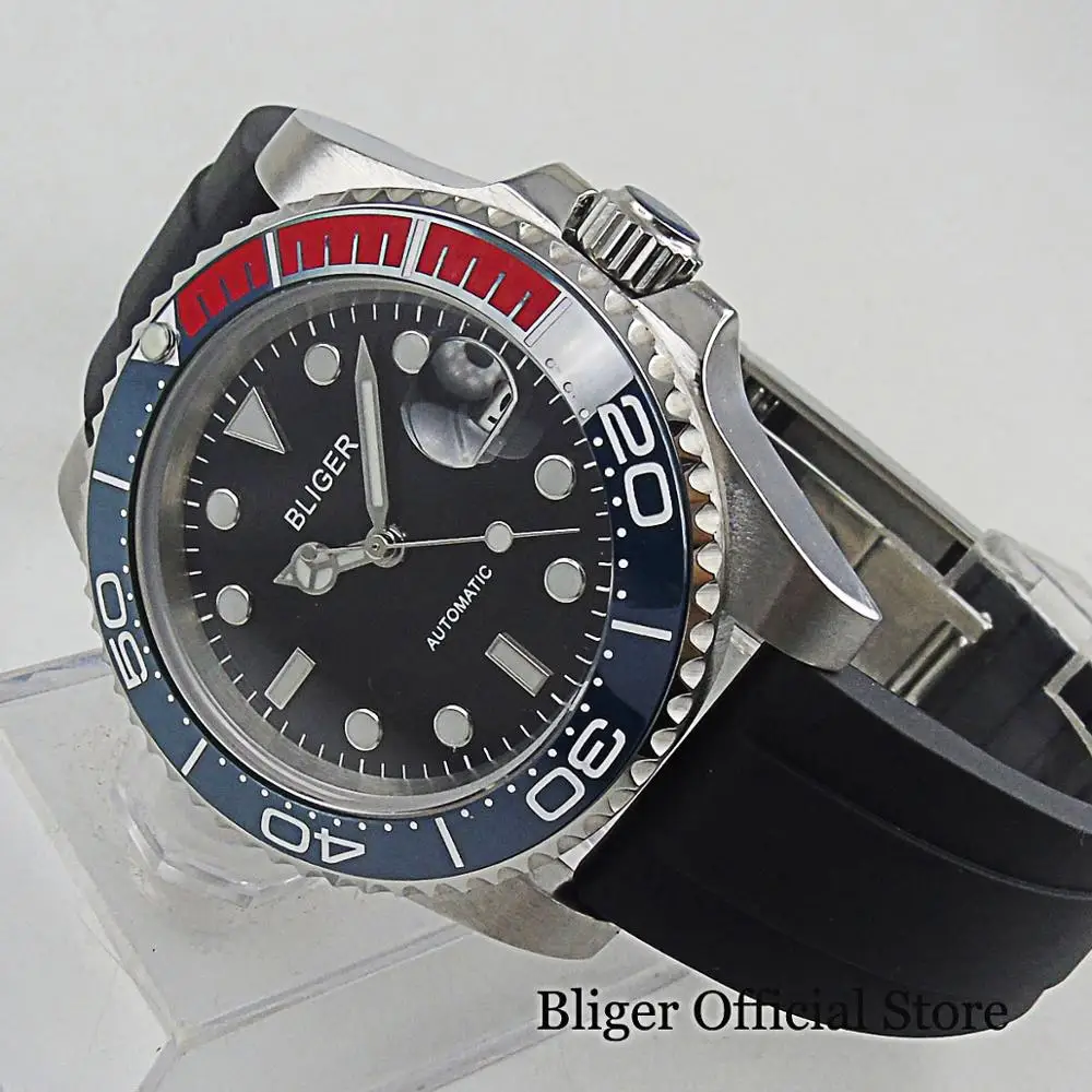 BLIGER 24 Jewels NH35 SUB Automatic Men Watch Rubber Strap Folding Clasp Rotating Bezel Screw Crown