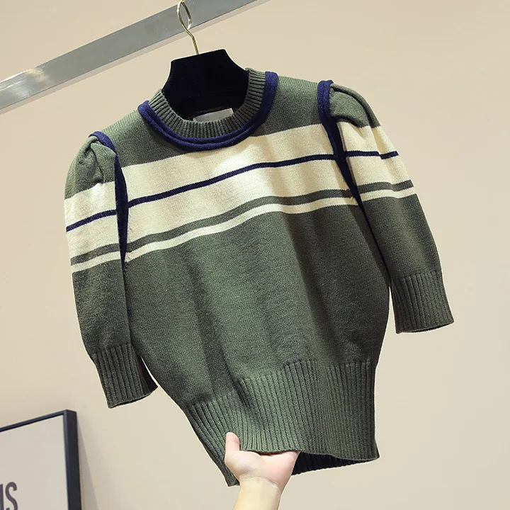 Новинка в Корейском стиле colorblock(цветовой блок), прошитая, с короткими рукавами шорты Модный вязаный свитер для женщин