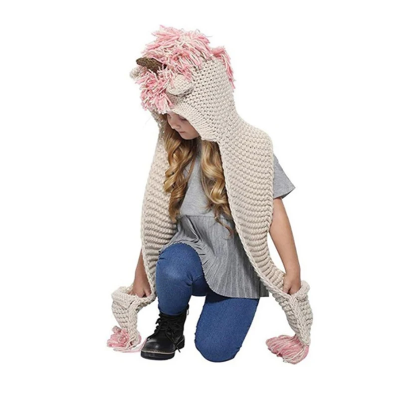 Зимний шарф «Единорог», милая Осенняя теплая детская вязаная шапочка ручной работы, хлопковые шапки с героями мультфильмов, шарфы для детей 3-10 лет