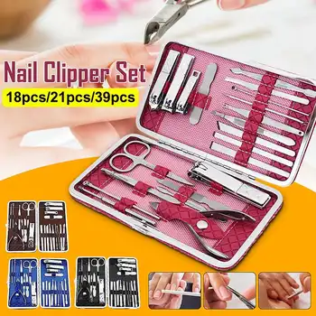 

18/21PCS Portable Leather Case Multifunctional Stainless Steel Nail Clipper Set Ear Spoon Manicure tool pedicure nail scissors