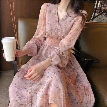 

Korean Sweet Ruffles Women Empire A-Line Mid-Calf Dress Spring Vintage Print Long Sleeve V-Neck Elegant Ladies Dresses Vestidos
