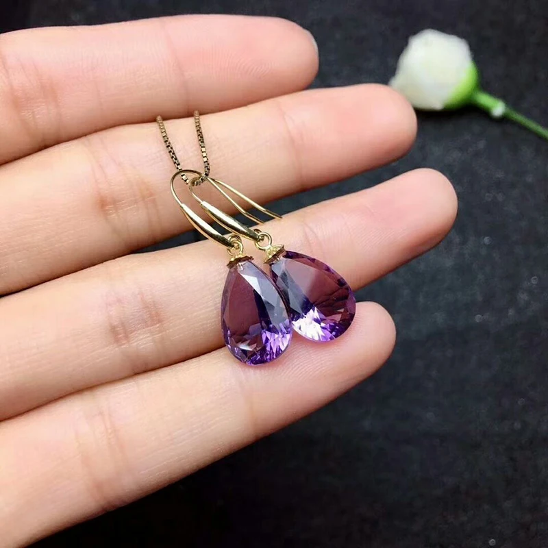

[MeiBaPJ]Natural Amethyst Gemstone Water Drop Earrings Necklace Set Real 18K Pure Gold Purple Stone Fine Charm Jewelry for Women