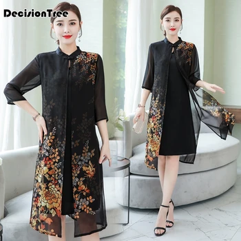 

2020 cheongsam ao dai dress retro chinese style dress qipao floral print lace robe fake two piece vietnam traditional dress