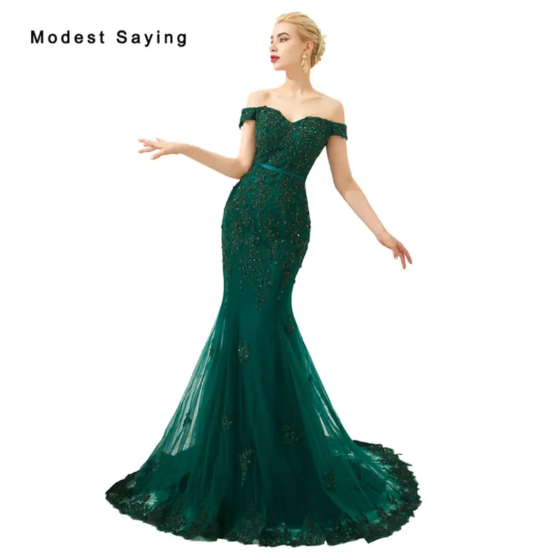 

Elegant Emerald Green Mermaid Beaded Lace Evening Dresses 2019 Off the Shoulder Engagement Party Prom Gowns vestido de festa
