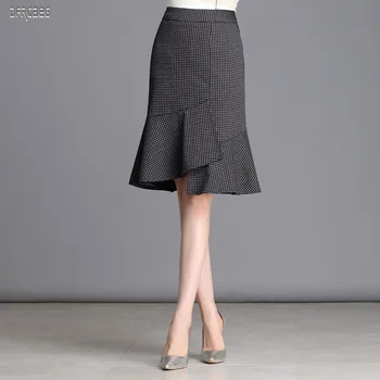 

Hot Sale Plaid Elegant Mid Skirts Womens Summer A-Line Office Lady Ruffles Hip Skirt Grey Slim Mermaid Skirt Saia Feminina