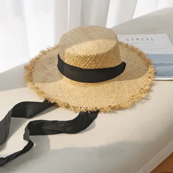 

Lace strap straw hat with bow ribbon summer cap beach visor outdoor holiday beach sun protection hat Collapsible