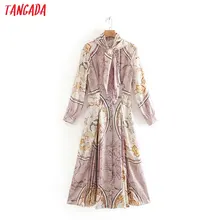 Tangada women vintage chain print pink dress bow neck long sleeve fashion ladies new year party dress 2W16