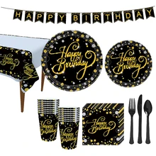 

LuanQI Black Gold Bronzing Disposable Party Tableware Adult Kids Festival Decoration Baby Shower Cake Candy Dessert Plate Cups