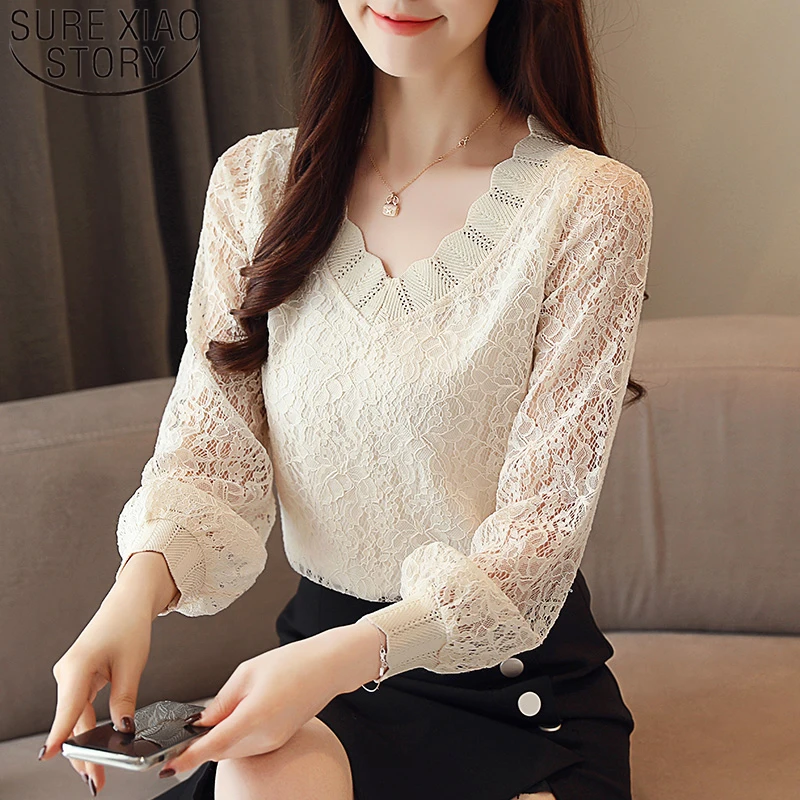 Горячая Распродажа, Новое поступление, весна и осень, корейская мода, женская блузка, v-образный вырез, длинный рукав, тонкая кружевная женская рубашка 63C 30