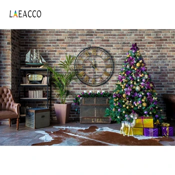 

Laeacco Brick Wall Clock Bookself Christmas Tree Gift Potted Plant Photography Backgrounds New Year Backdrops Home Decor Props