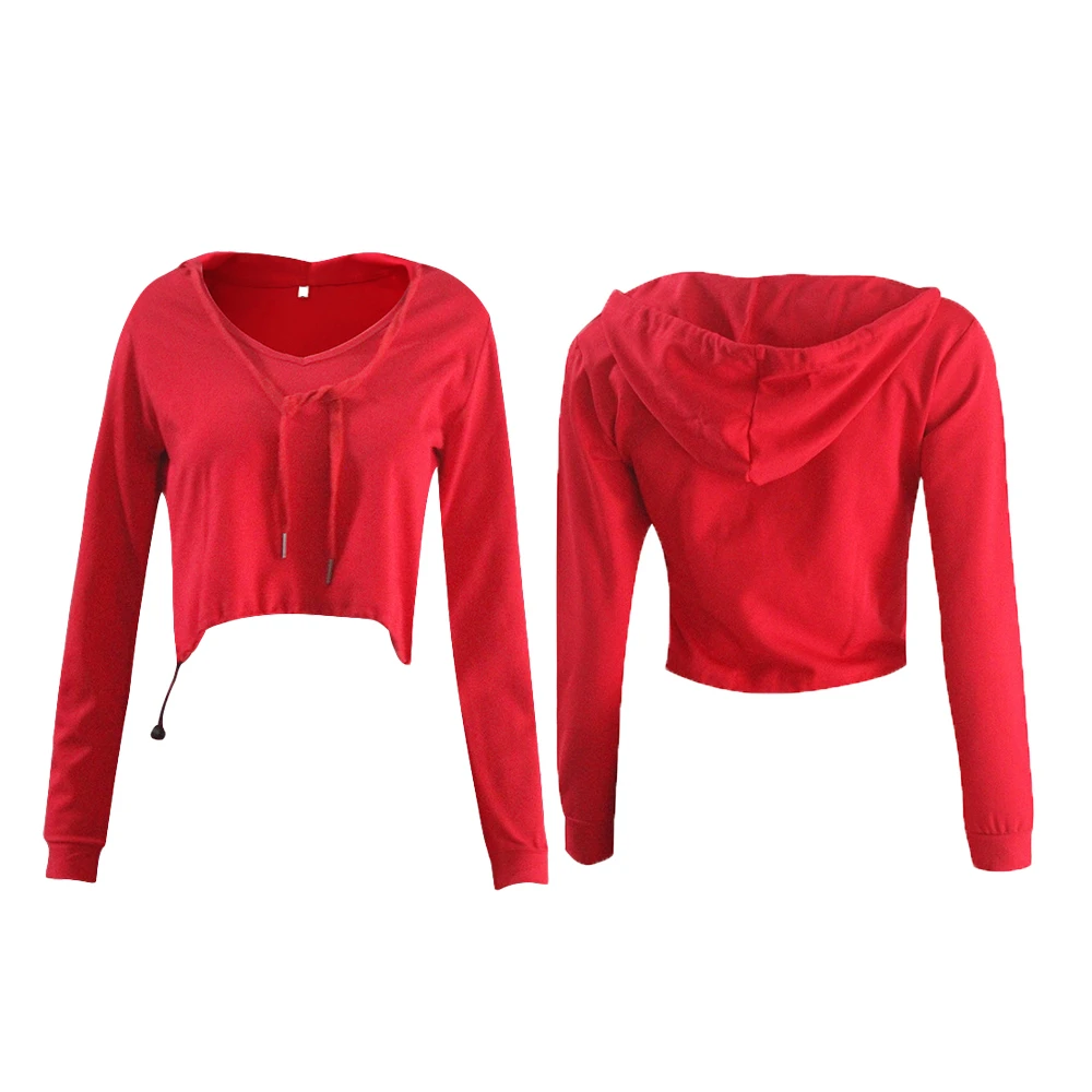 

New autumn hooded drawstring loose open umbilical long-sleeved T-shirt female running sports fitness bodybuilding clothing