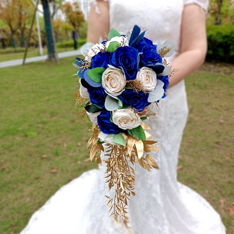 2021 New Arrival Whitney Royal Blue Mix Ivory White Roses Cascading Wedding  Bouquets Gold Leafs Bouquet De Mariage Bleu Et Blanc - Wedding Bouquet -  AliExpress