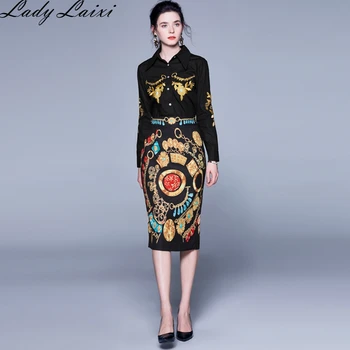 

2020 Spring Runway 2 Piece Set Suits Women Golden Flower Embroidery Black Blouse Shirts+Vintage Print Midi Skirts