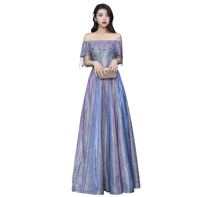 Купить женское вечернее платье с открытыми плечами фиолетовое длинное картинки цена
