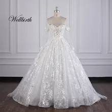 Реальное изображение Wellbirth Vestido de novia Милая Аппликация ТРАПЕЦИЕВИДНОЕ свадебное платье с открытыми плечами свадебное платье JC008