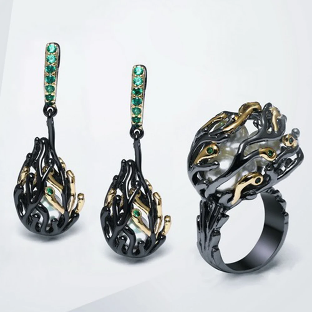 Branch design earrings rings 2pc set (2)