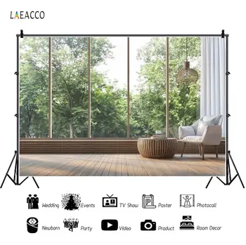 

Laeacco Landscape Living Room Chair Table Light Curtain Tree Window House Interior Background Photography Backdrop Photo Studio