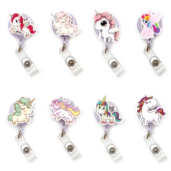 

Cute Beautiful Unicorn Fly horse Plastic Badge Reel Holder Elastic Name Card Simple & Easy To Use For Nurse & Students
