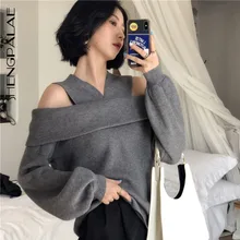 ^^Best Offers SHENGPALAE 2019 Hollow Out Pullover Slash Collar Strapless Lantern Sleeve French Fashion Sweater Woman Loose Autumn Clothes A338 ^^Best Offers SHENGPALAE 2019 Hollow Out Pullover Slash Collar Strapless Lantern Sleeve French Fashion Sweater Woman Loose Autumn Clothes A338