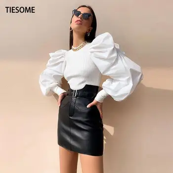 

TIESOME Lantern Sleeve Top Women Solid Blouse 2020 Summer Autumn Sexy Slim Crop Top Female High Street Blouse Office Lady Top