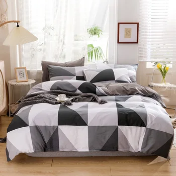

Bed sheet pillowcase duvet cover set geometry man grey white bedding set grid stripe king queen Full 100% Cotton home textile