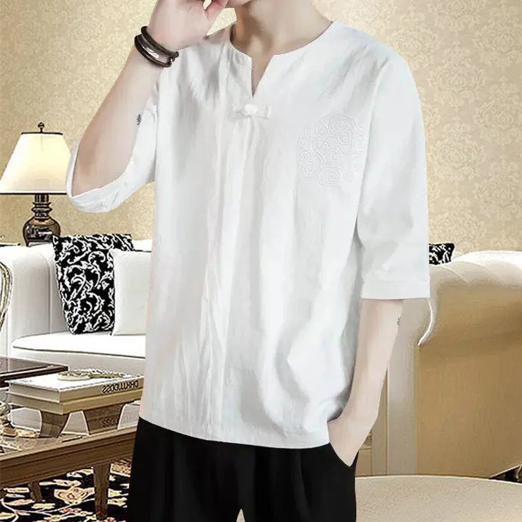 Summer Men Linen Shirt Chinese Style Retro Casual V-neck Tops Plus Size Embroidery Traditional Asian Tang Suit Tops for Man