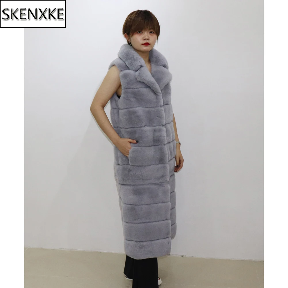 

2019 New X-Long Style Russian Lady Real Rex Rabbit Fur Vests Women Full Pelt Natural Fur Waistcoats Winter Warm Real Fur Gilets
