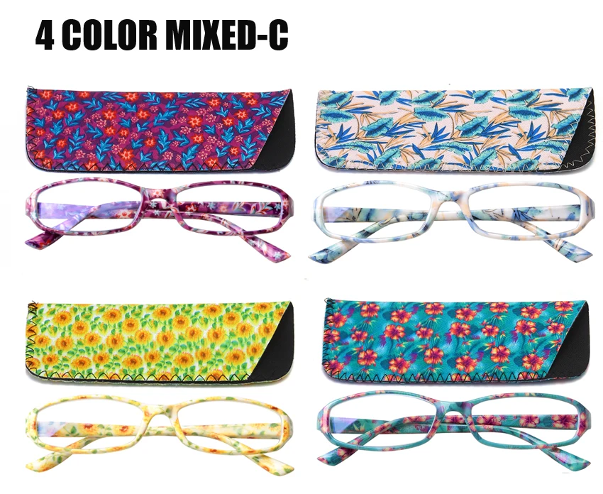 4 Color Mixed C SOOLALA, 4 шт., анти-синий светильник, с цветочным принтом, очки для чтения, женские, весенние петли, прямоугольные, дальнозоркие, очки для чтения с чехлом - Цвет оправы: 4 Color Mixed C