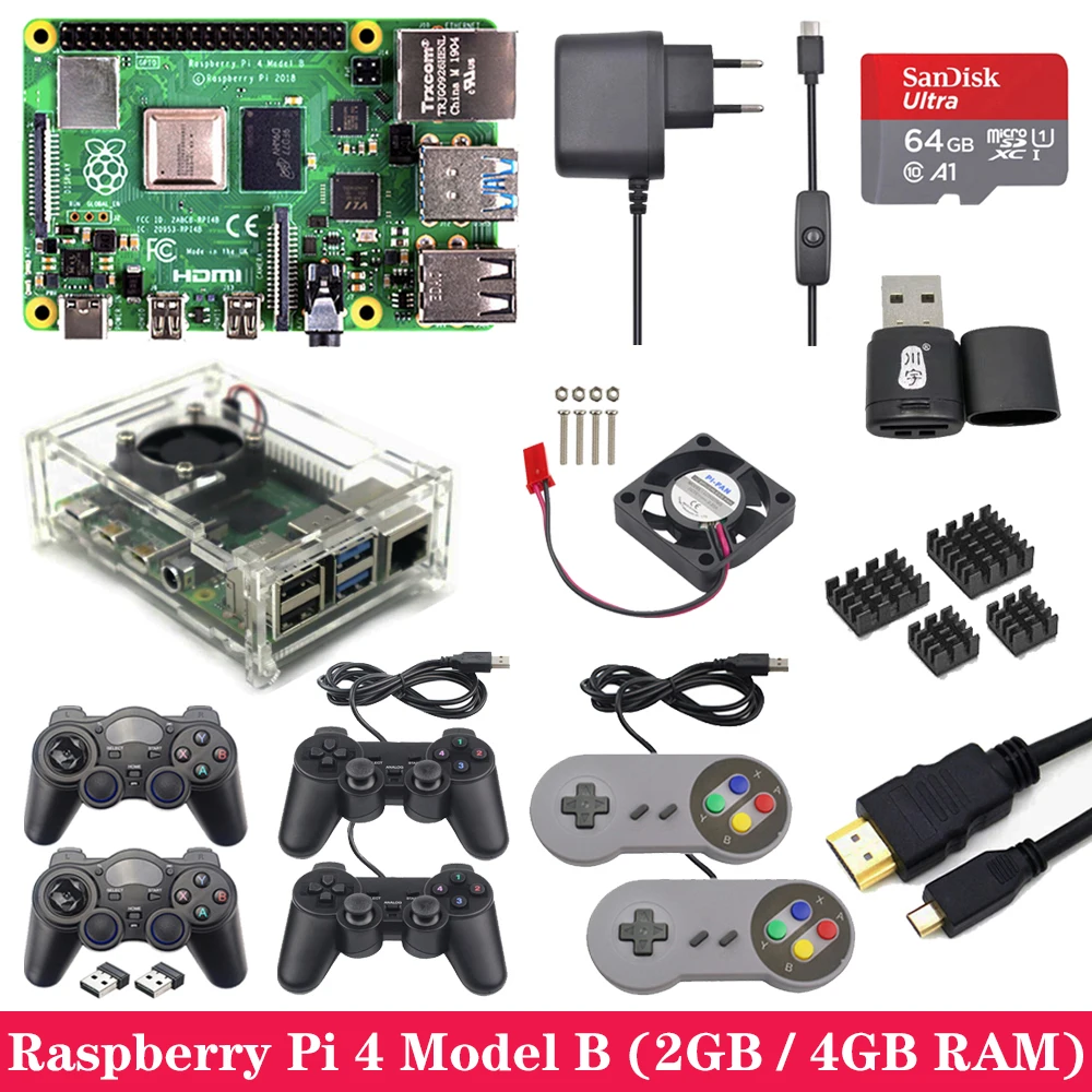 Raspberry Pi 4 с 2 ГБ 4 ГБ ОЗУ игровой комплект с USB геймпадом акриловый чехол SD карта блок питания для Raspberry Pi 4 Модель B