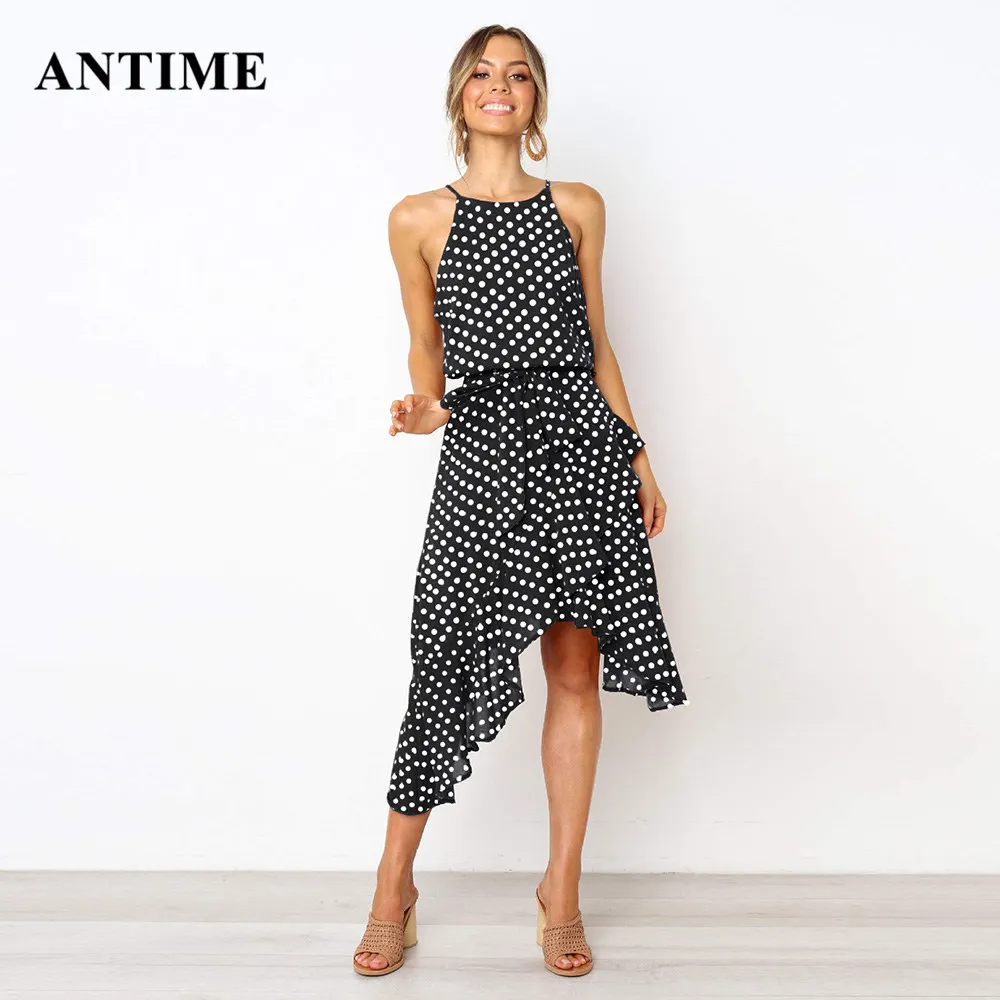 

Antime Ruffles Women Polka Dot Dress Plus Size Halter Sleeveless Beach Elegant Summer Sash Boho Midi Black Dresses Female
