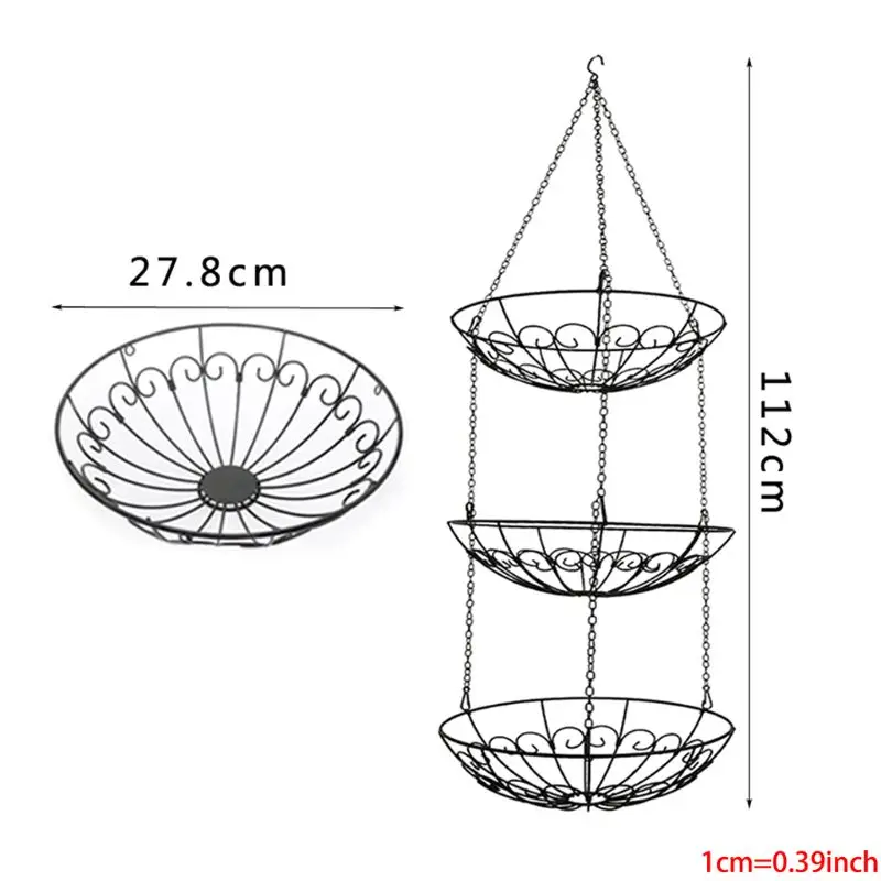 3-Tier 3-Tier Wire Hanging Fruit Basket with Black Chain Extender and Two Ceiling Hook- Perfect for Fruit, Vegetables, Snacks