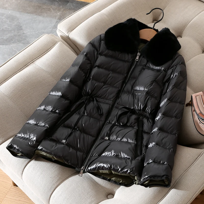 Goede 90% Witte Eend Donsjack Korte Jas 2019 Vrouwelijke Slanke Down Jassen Vrouwen Grote Echte Rex Konijn Bontkraag Sneeuw uitloper Waterdicht