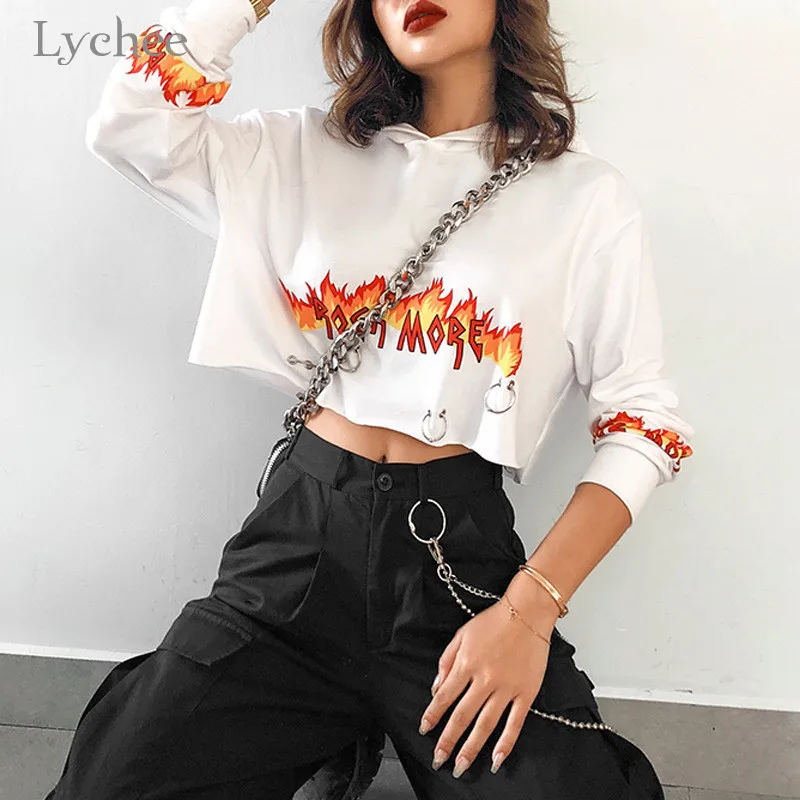 Lychee Harajuku повседневные свободные женские с капюшоном кроп толстовки Весна Осень Женские Короткие топы пламя письмо кольцо женские толстовки с капюшоном