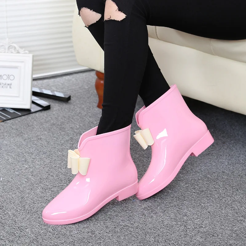 Women Flower Bowtie Spring Ankle Boot Winter Rain Boots Female Waterproof Solid Rubber Platform Baby Rain Shoes Ladies Footwear - Цвет: 7