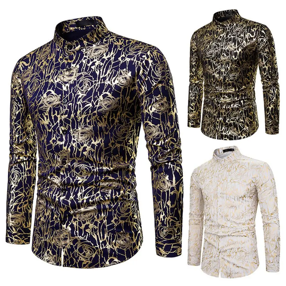 Yfashion/мужские рубашки с длинным рукавом и длинным рукавом, с розовым узором, с золотым тиснением для ночного клуба, модные формальные мужские Рубашки, Топы