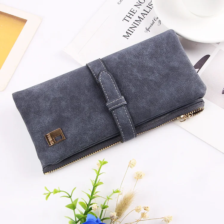 Famous Brand Long Purse Two Fold Women Wallets Drawstring Nubuck Leather Zipper Suede Wallet Ladies carteira Feminina Clutch Bag
