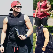 Мужская мода Повседневное платье из латекса без рукавов на молнии с капюшоном Толстовка Спортивная майка для бега