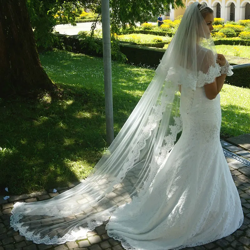 2.5M New White Ivory Wedding Veils 2 Layers Tulle Lace Bridal Veil Appliques Long Wedding Veil Veu De Noiva