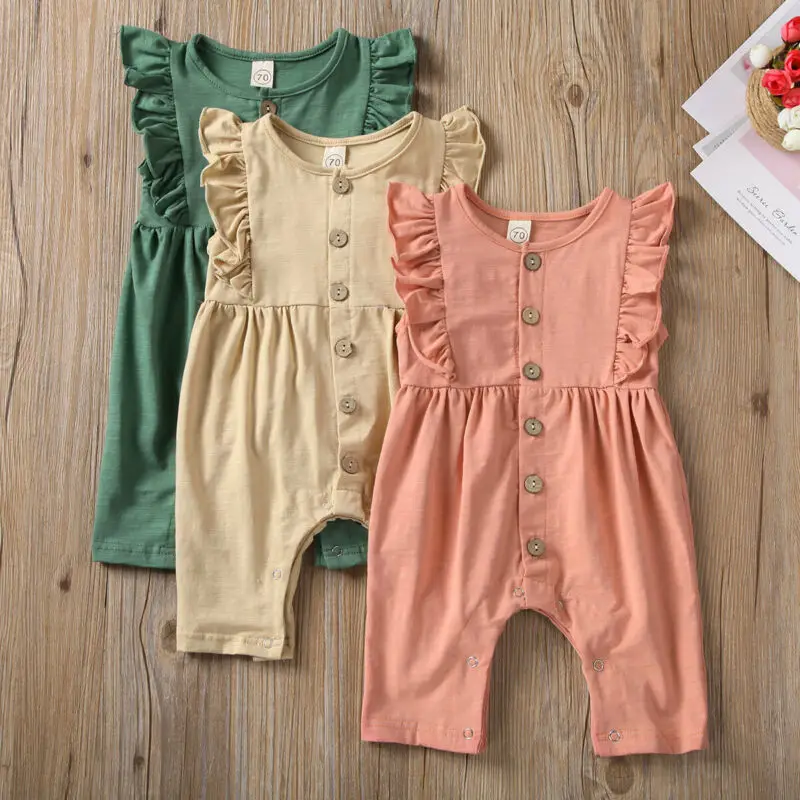 Комбинезон для новорожденных и маленьких девочек 0-18 месяцев; одежда с оборками без рукавов; Однотонный комбинезон на пуговицах; спортивный костюм