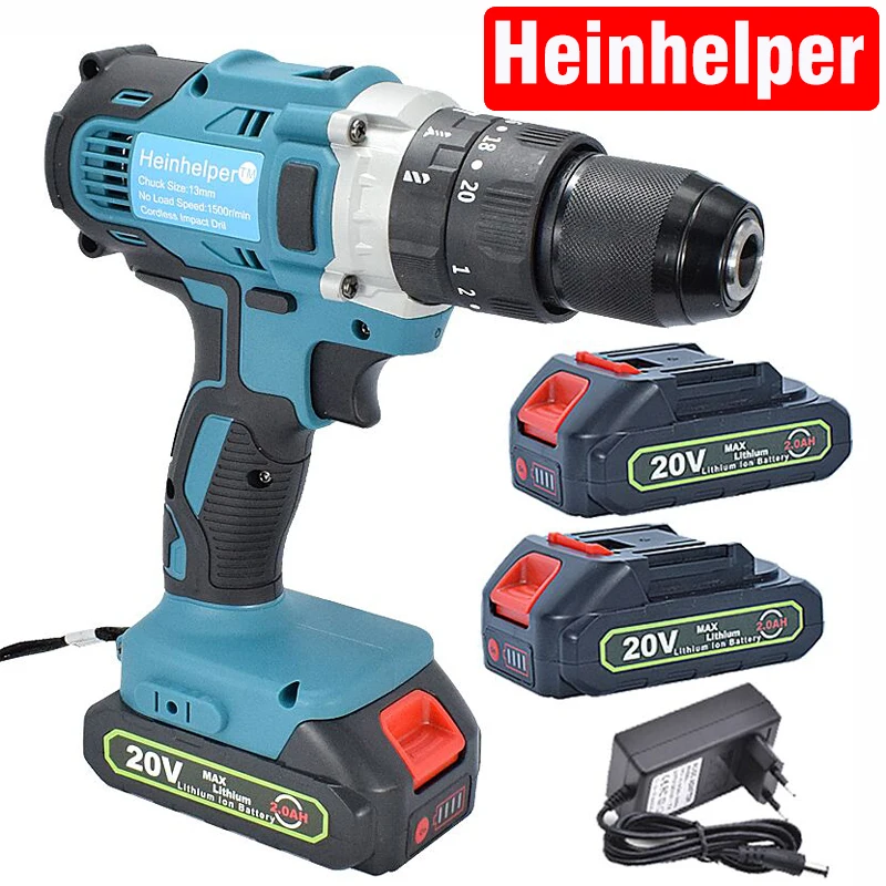 20V Electric Cordless Hammer Impact Screwdriver Rechargeable Hand Drill with 2 Speed Driver Li