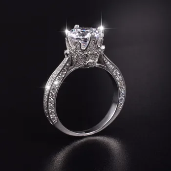 

Luxury 100% Real Solid Silver Rings Inlay Natural Crystal Crown 8mm 3ct Simulated Diamond Engagement Wedding Ring For Women