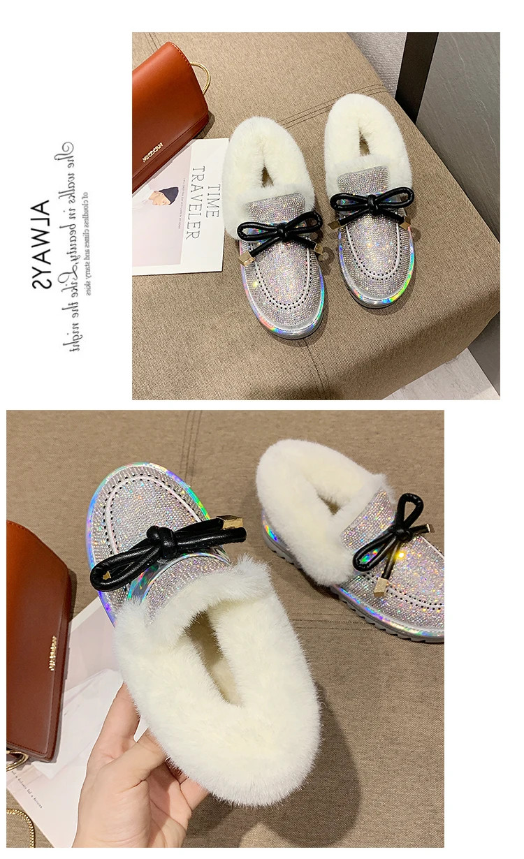 Shiny Glitter Snow Boots Women Fashion Warm Plush Ankle Boots Woman Non Slip Botas Mujer Butterfly-knot Decoration