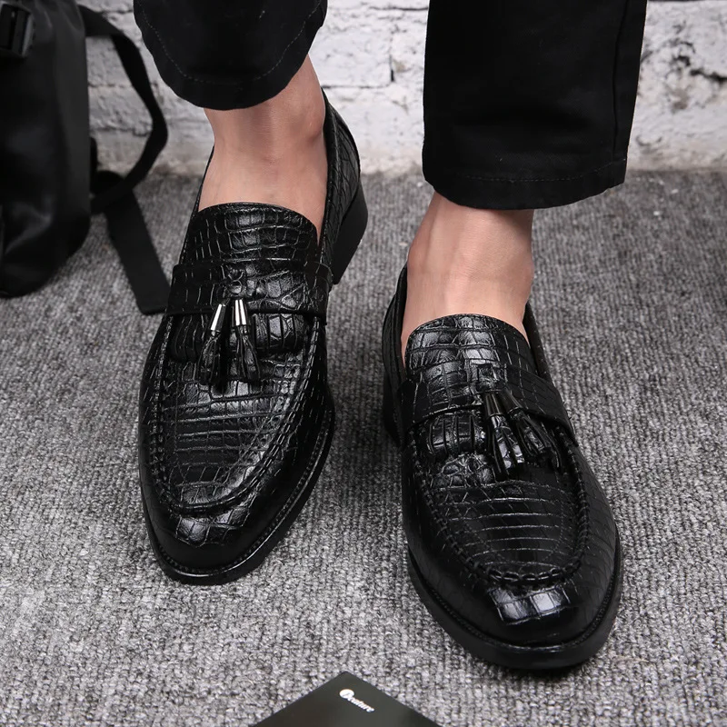 

A Business Hair Stylist Leather Shoes Men High Heel Shoes Loafers Slip-on MEN'S SHOES Formal Wear Black And White with Pattern K