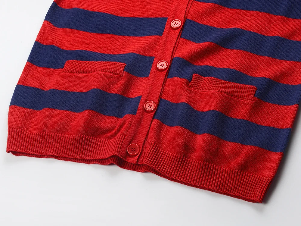 Runway Brand Fashion Trendy Red Blue Striped Cardigan Cartoon Bear Embroidery Sweater Coat Jacket Women Fall Winter Clothing cardigan