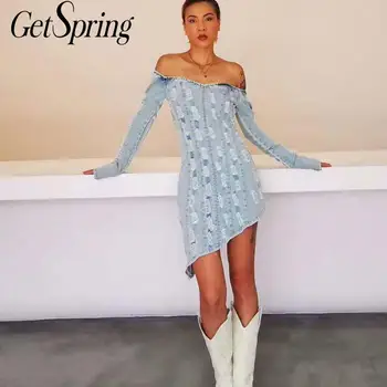 

Getspring Women Dress Slash Neck Irregular Denim Dresses Women Irregular Hole Hollow Out Sexy Jean Dresses Women 2020 New Sexy