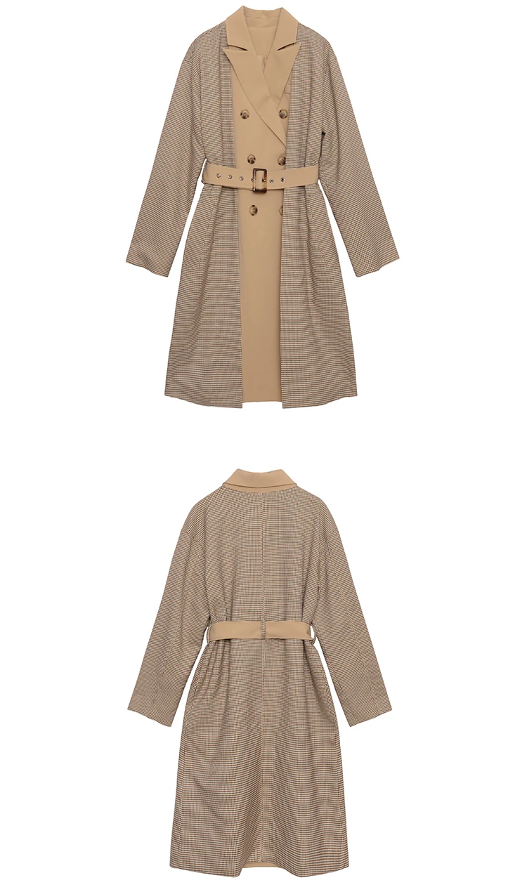 [DEAT] Women Plaid Belt Double Striped Trench New Lapel Long Sleeve Loose Fit Windbreaker Fashion Tide Autumn Winter 13E272