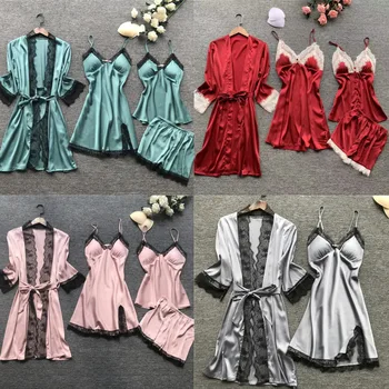 

4Pcs 2020 New Women Pajamas Sets Polyester Satin Sleepwear Nightwear Strap Lace Pyjama Home Wear Lounge Clothing With Chest Pads
