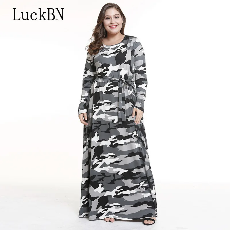 

Brand New Large Size Dress Women Fashion Plus Size Maxi Long Dress Autumn Winter Dresses Female Camouflage Print Dress Vestidos