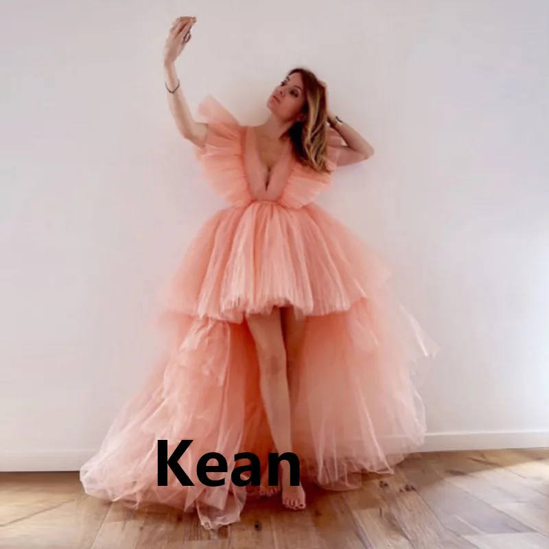 

Peach Evening Dress Hi Low Cap Sleeve v-neck Ruffle Special Occasion robe soiree Islamic Dubai Kaftan Saudi Arabic Prom Dress