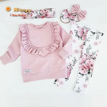 

Baby Girls Clothes 3Pcs Floral Flower Pink Outfit Ruffle Long Sleeve Tops Pants Trousers Headband 2020 Free Shipping To Poland
